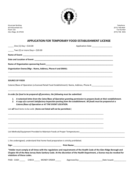 First page of the Application for Temporary Food Establishment License