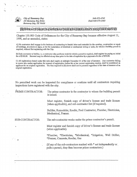 First page of the Contractor and Sub-Contractor Registration
