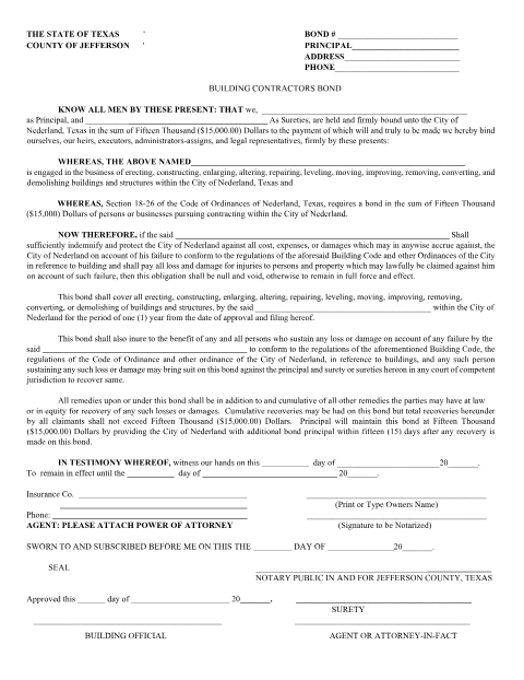 First page of the Building Contractors Bond