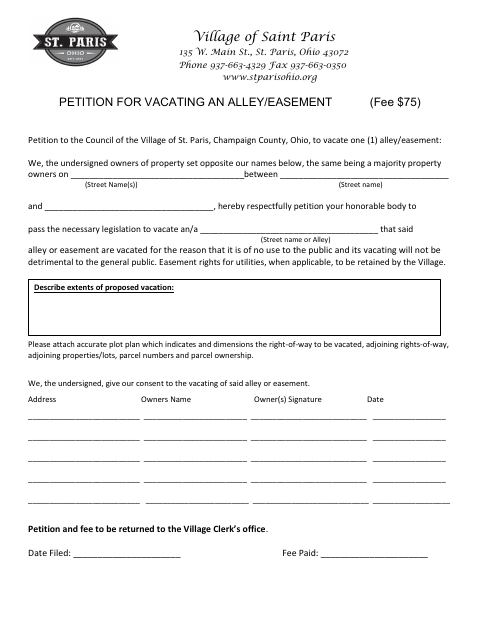 First page of the Petition to Vacate an Alley or Easement