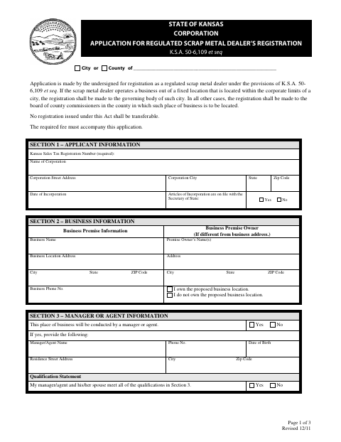 First page of the Regulated Scrap Metal Dealer’s Registration Application