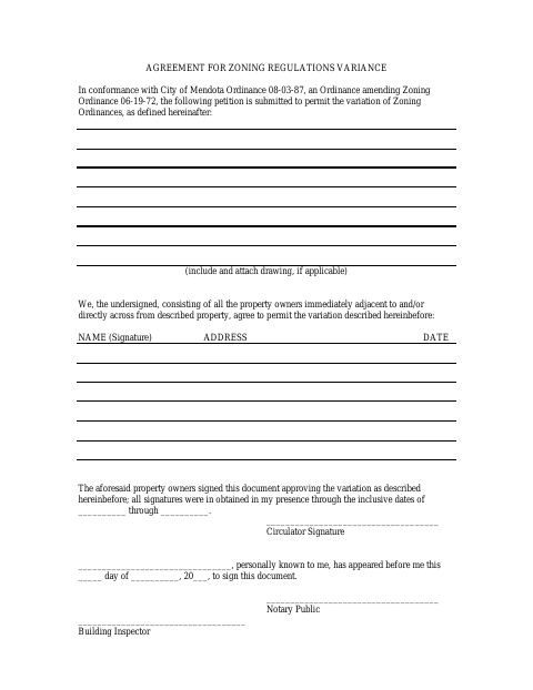 First page of the Agreement for Zoning Regulations Variance
