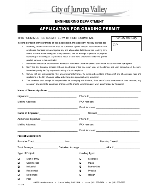 First page of the Application for Grading Permit