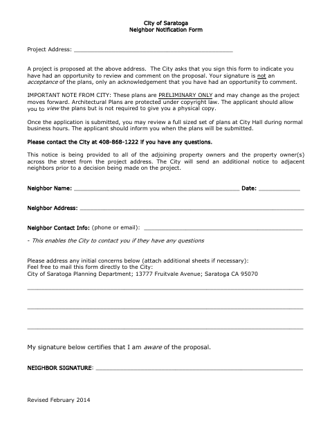 First page of the Neighbor Notification Form