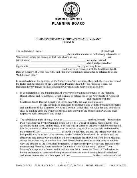 First page of the Common Driveway–Private Way Covenant (Form J)