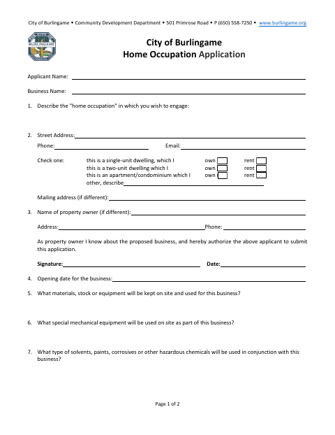 First page of the Home Occupation Application