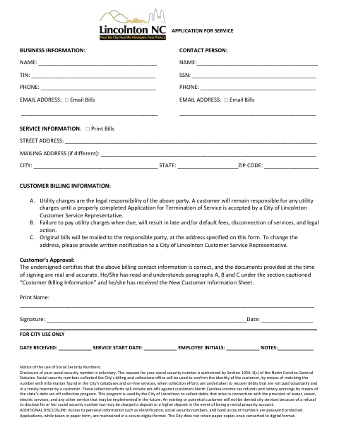 First page of the Application for Service