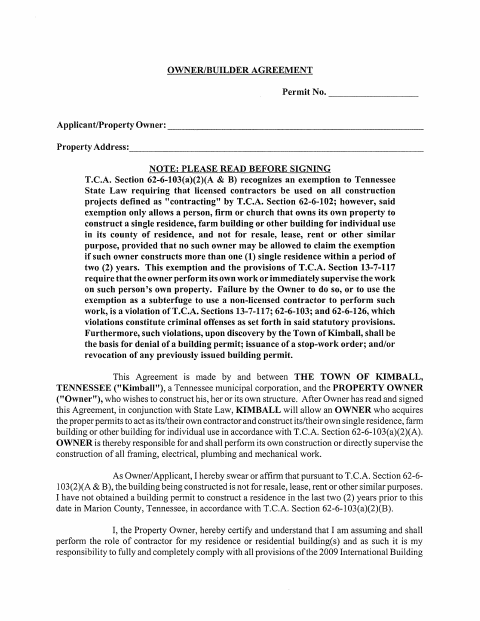 First page of the Owner-Builder Agreement