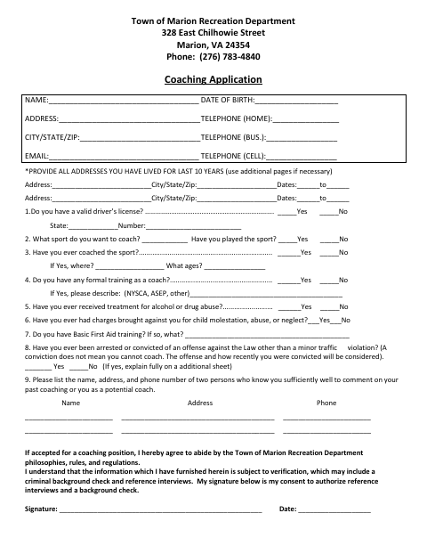 First page of the Coaching Application