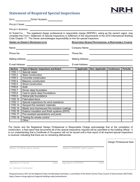 First page of the Statement of Required Special Inspections