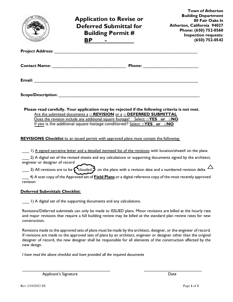 First page of the Application to Revise or Deferred Submittal for Building Permit