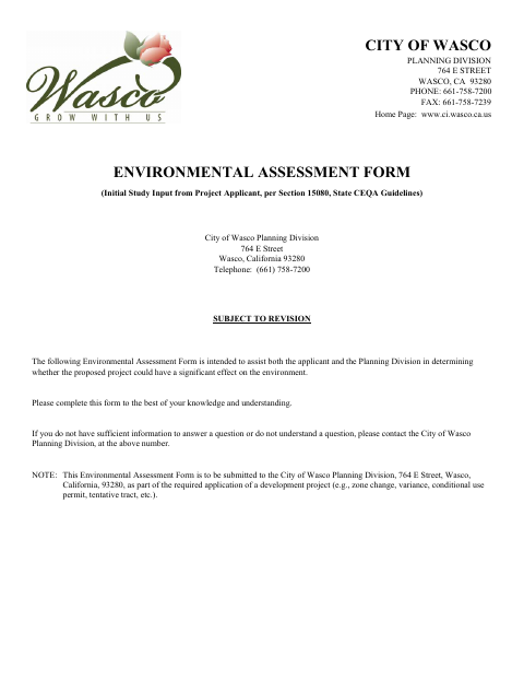 First page of the Environmental Assessment Form