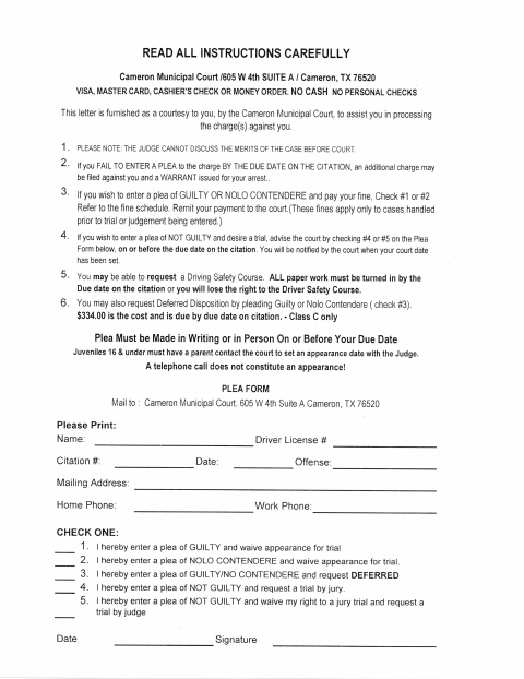 First page of the Plea Form and Driving Safety Course Affidavit