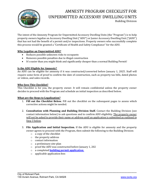 First page of the Amnesty Program Checklist for Unpermitted ADUs