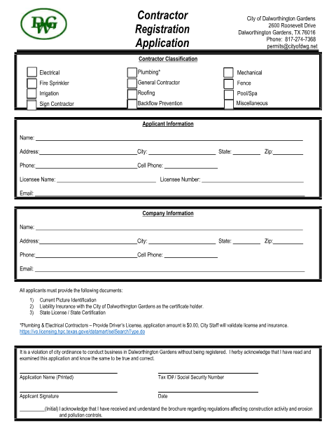 First page of the Contractor Registration Application