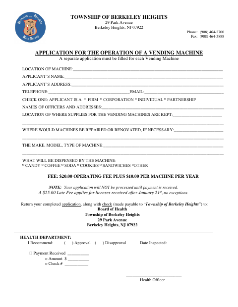 First page of the Application for the Operation of a Vending Machine