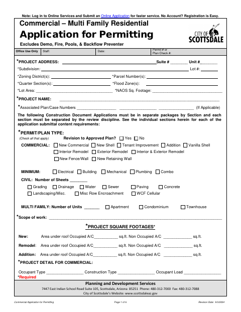 First page of the Commercial Multi-Family Residential Application for Permitting