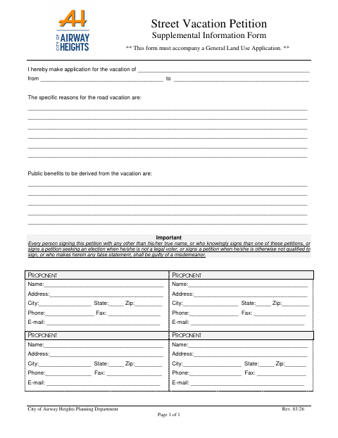 First page of the Street Vacation Petition Supplemental Information Form