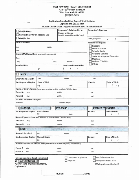 First page of the Application for a Certified Copy of Vital Statistics