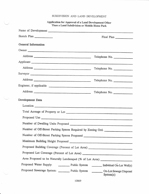 First page of the Subdivision and Land Development Application