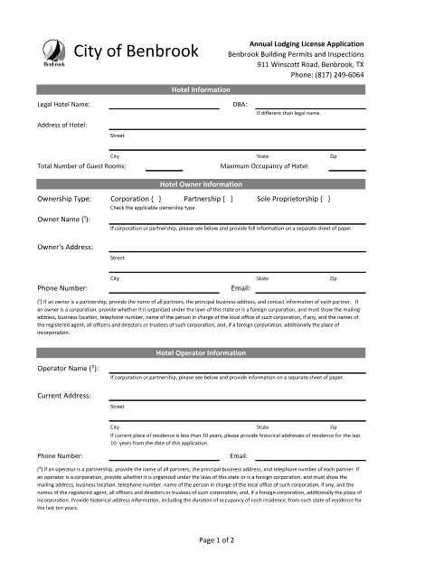 First page of the Annual Lodging License Application