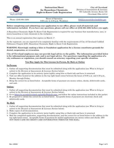 First page of the Hazardous Chemicals Right-to-Know Code Registration