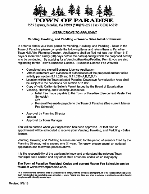 First page of the Vending, Hawking, and Peddling Owner Sales Initial or Renewal