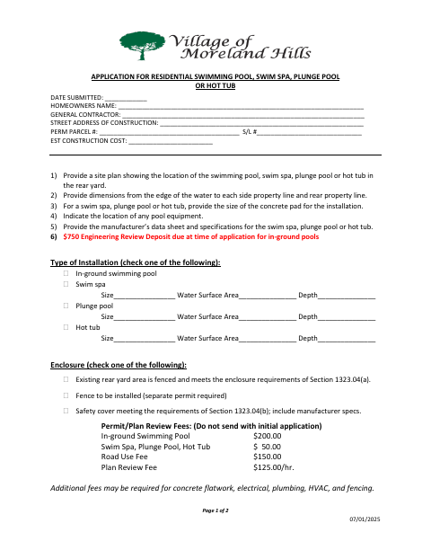 First page of the Application for Residential Swimming Pool, Swim Spa, Plunge Pool or Hot Tub