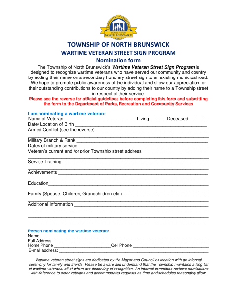 First page of the Wartime Veteran Street Sign Program Nomination Form