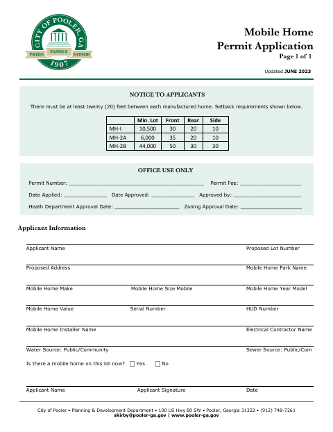 First page of the Mobile Home Permit Application