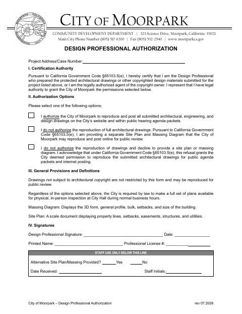 First page of the Design Professional Authorization Form