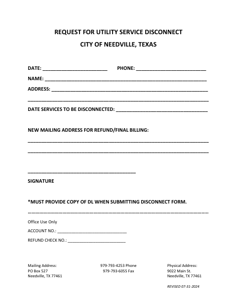 First page of the Request for Utility Service Disconnect