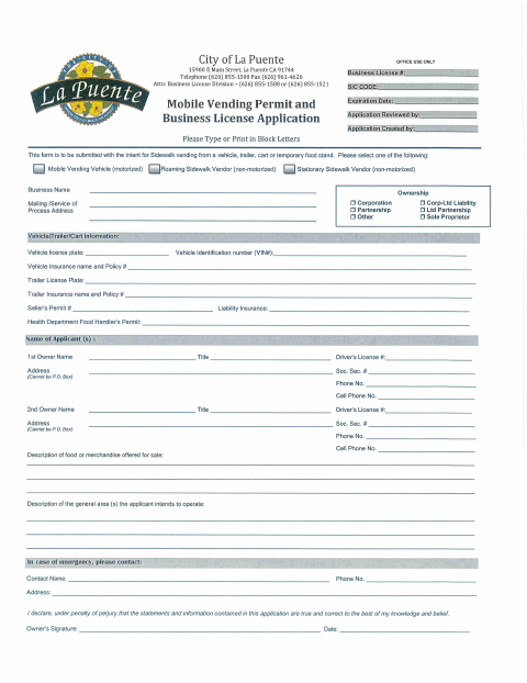 First page of the Mobile Vending Permit and Business License Application