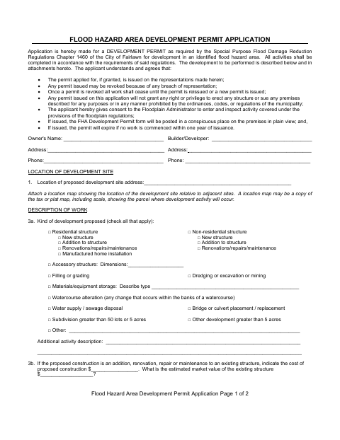 First page of the Flood Hazard Area Development Permit Application
