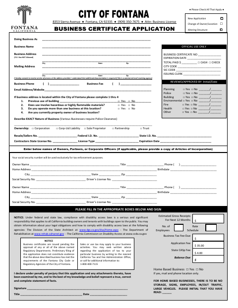 First page of the Business License / Certificate Application and Questionnaire