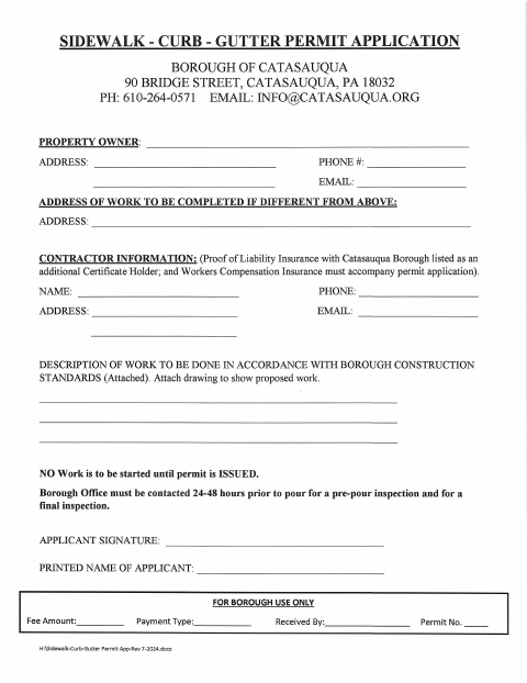 First page of the Sidewalk, Curb, and Gutter Permit Application