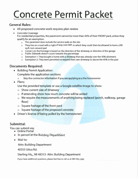 First page of the Homeowner Concrete Permit Packet