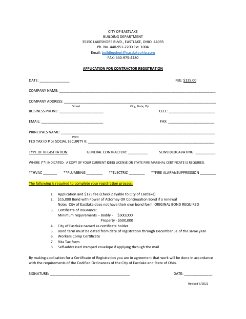 First page of the Application for Contractor Registration