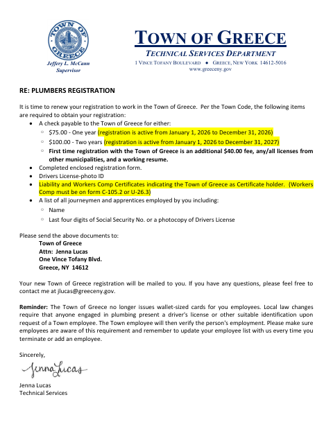 First page of the Plumbers Registration Renewal