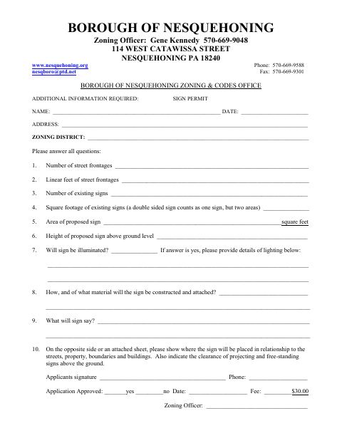 First page of the Sign Permit Additional Information