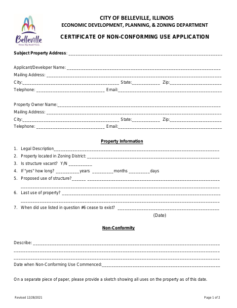 First page of the Certificate of Non-Conforming Use Application