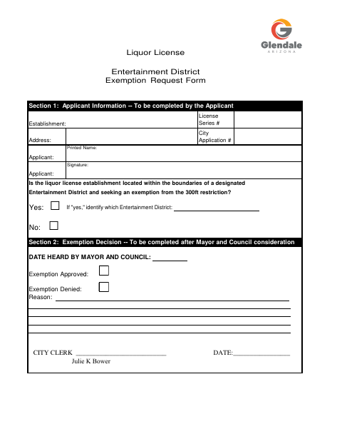 First page of the Entertainment District Exemption Request Form