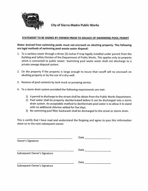 First page of the Swimming Pool Agreement