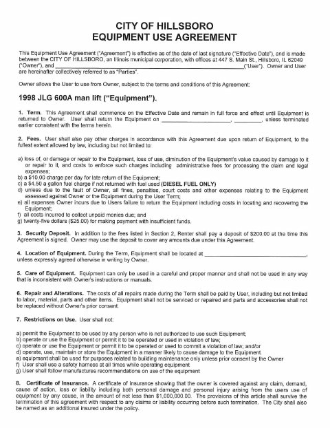 First page of the Equipment Use Agreement