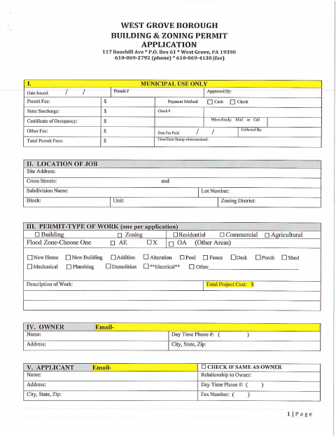 First page of the Building & Zoning Permit Application