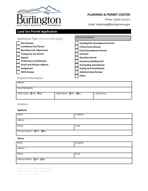 First page of the Land Use Permit Application