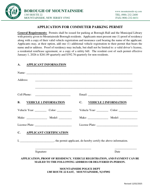 First page of the Application for Commuter Parking Permit