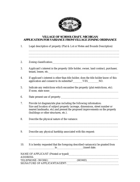 First page of the Application for Variance From Village Zoning Ordinance