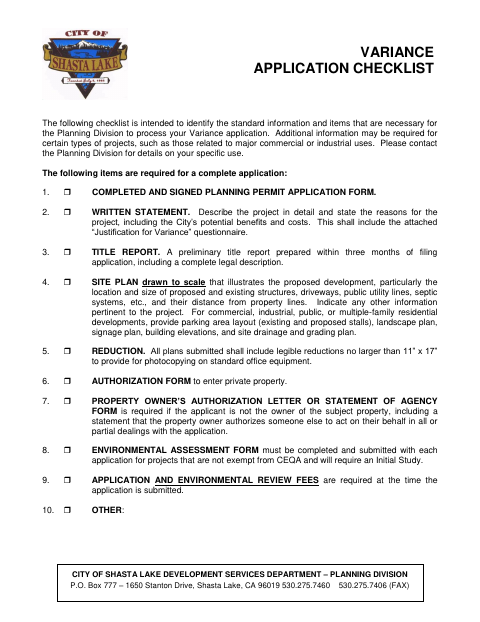 First page of the Variance Application Checklist
