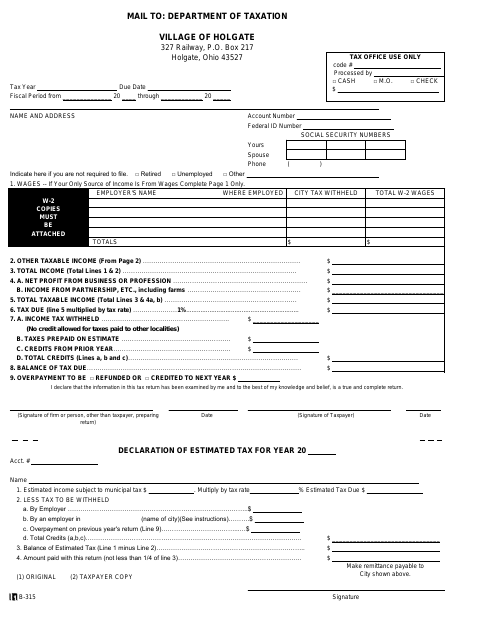 First page of the Municipal Income Tax Return and Estimated Tax Declaration